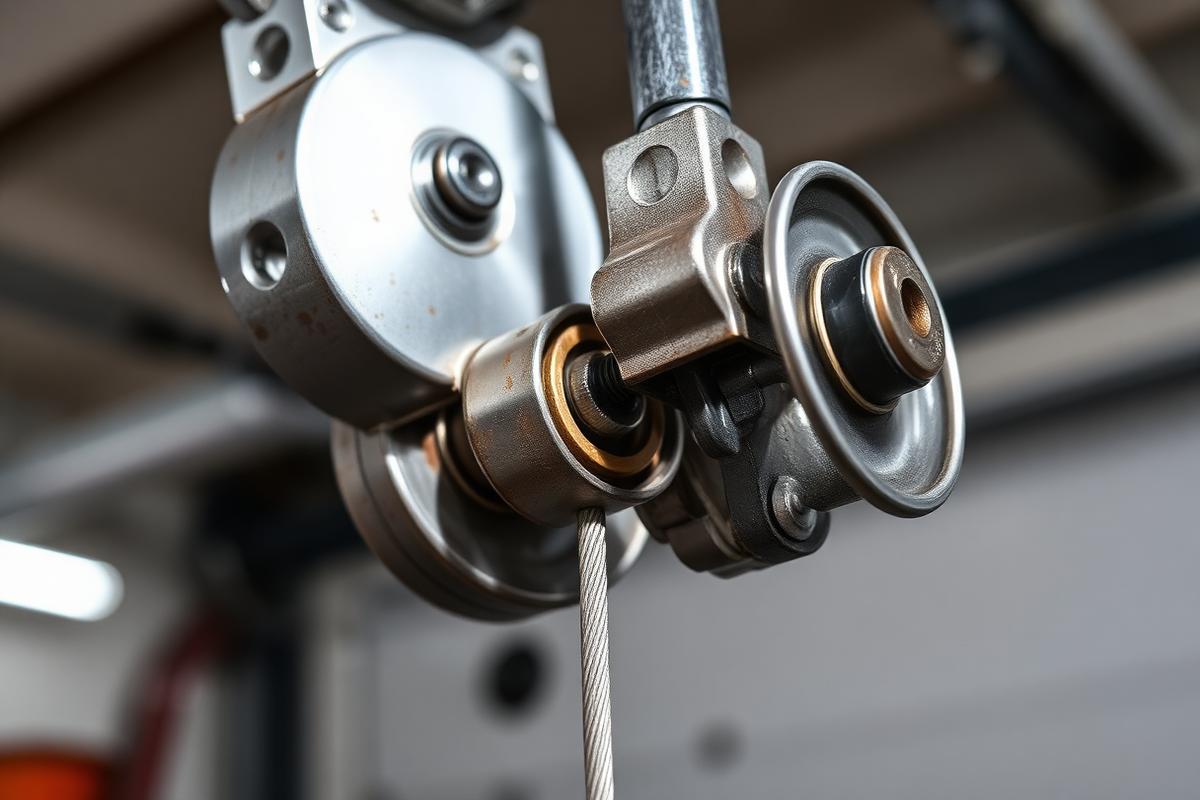 Professional technician repairing garage door cables and drum assembly