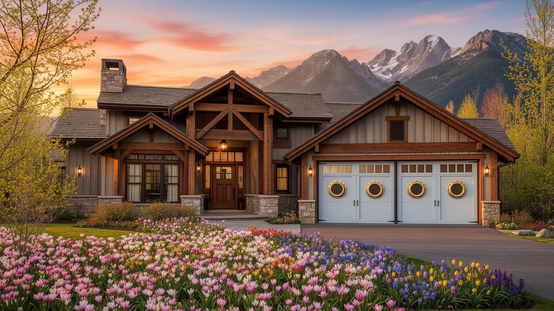 Beautiful mountain lodge home with coastal style garage doors featuring porthole windows